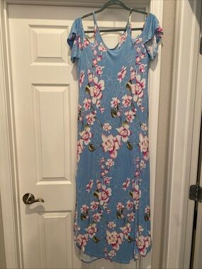 M Grecerelle lightweight blue Hawaiian floral maxi dress cold shoulder